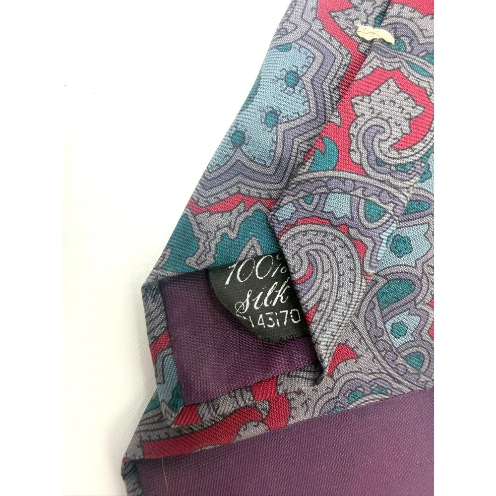 Kenneth Stevens Silk Tie Paisley Red Grey Teal Blue Made in USA Italian Fabric